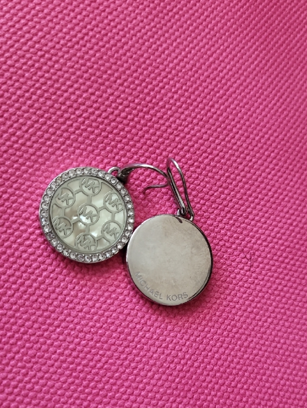Michael Kors Silver-Tone Crystal Rim Mother-of-Pearl Logo Drop Earrings - Picture 3 of 9
